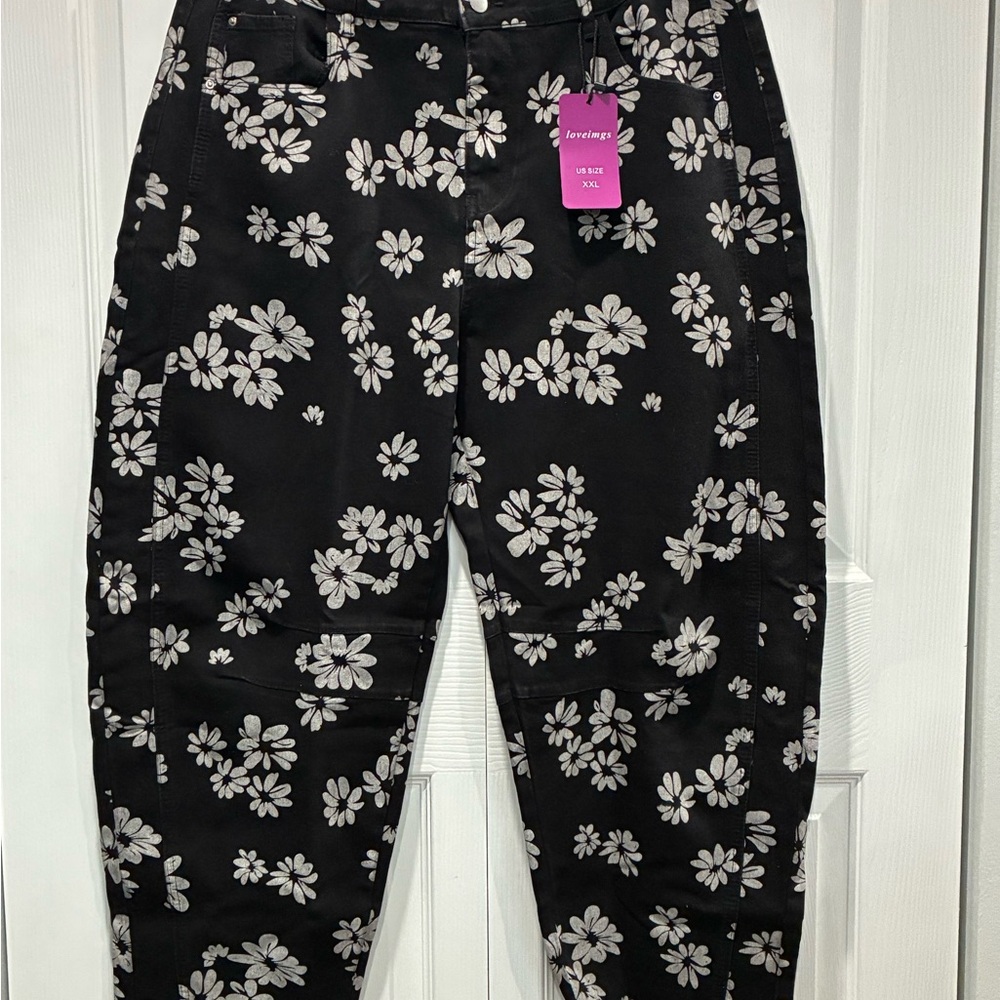 Black Floral Wide Leg Jeans